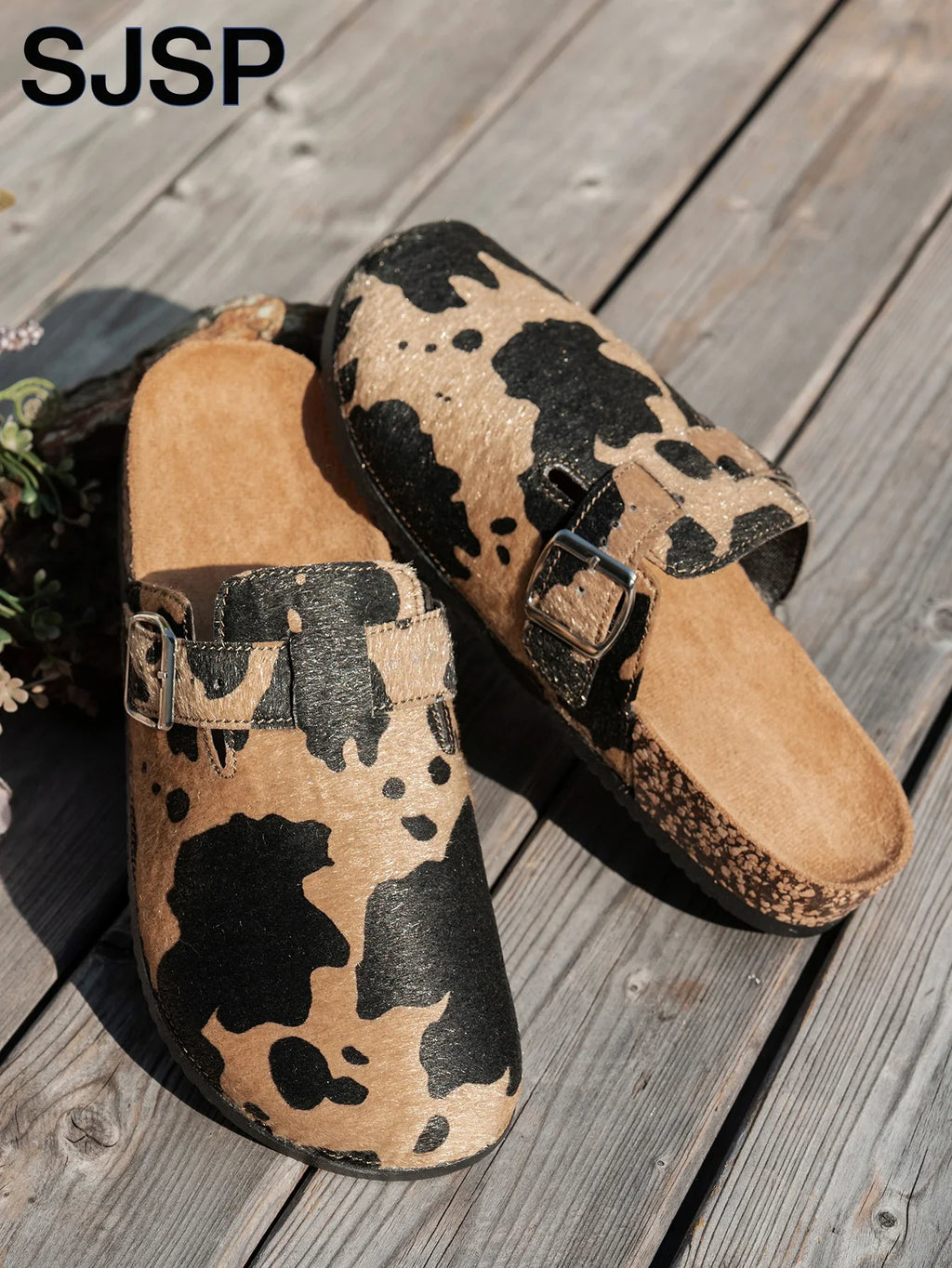 SJSP Women's Leopard Print Suede Slip-On Clogs with Buckle Brown Comfortable Casual Footwear — Image 5