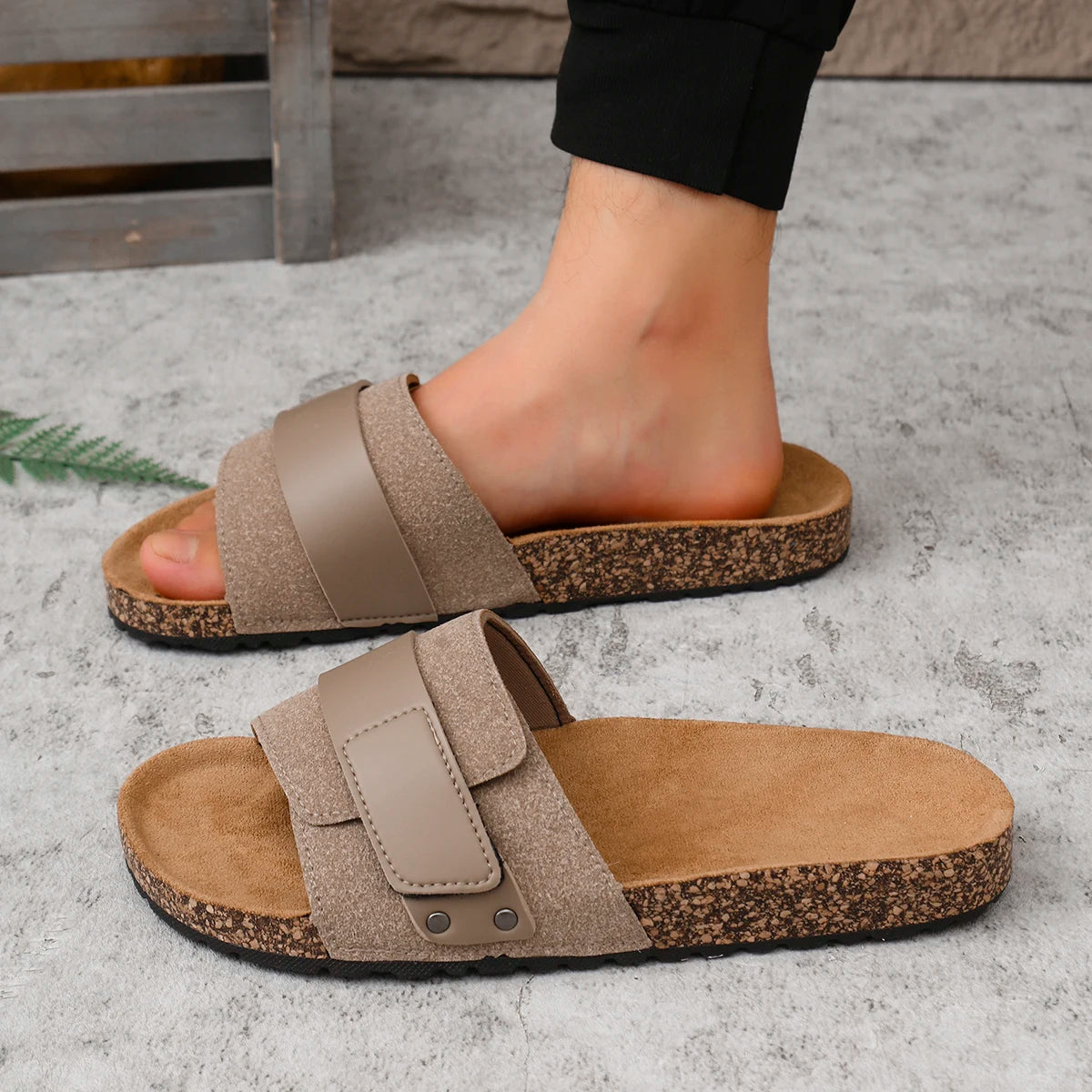 Unisex Cork Sole Slide Sandals Black Brown Suede Adjustable Strap Lightweight Casual — Image 4