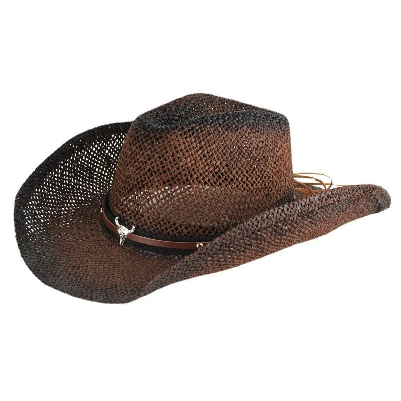 IF IFOND Western Straw Cowboy Hat Brown Woven Bull Headband Unisex Adult — Image 2