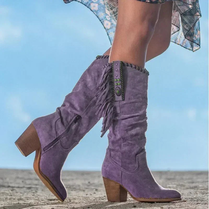 Women's Fringe Suede Knee-High Boots Western Style Zipper Closure Multiple Colors — Image 2