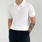 Men's Polo Shirt Ribbed Knit Short Sleeve Soft Cotton Blend White Casual Top — Image 2