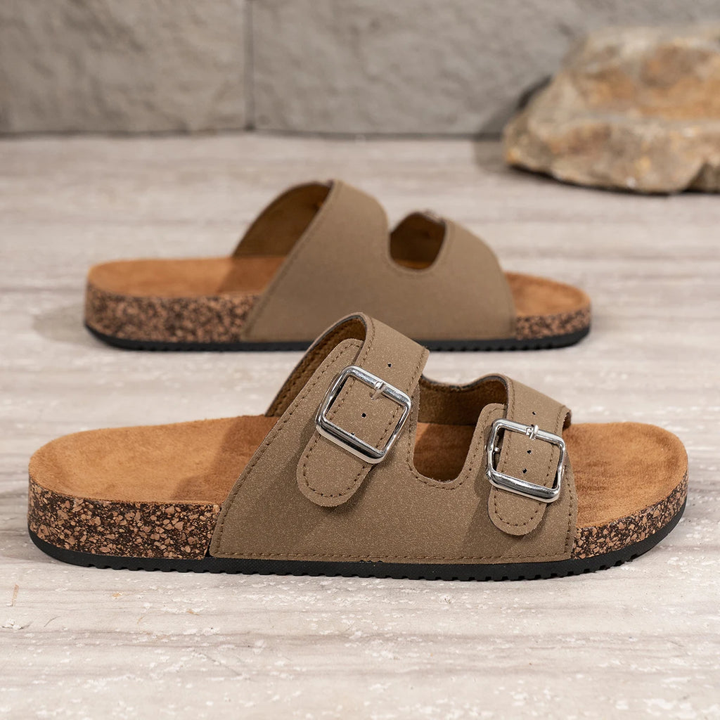 Men's Double Buckle Cork Sandals Brown Faux Leather Slip-On Adjustable Straps — Image 6