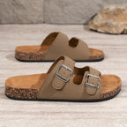 Men's Double Buckle Cork Sandals Brown Faux Leather Slip-On Adjustable Straps — Image 6