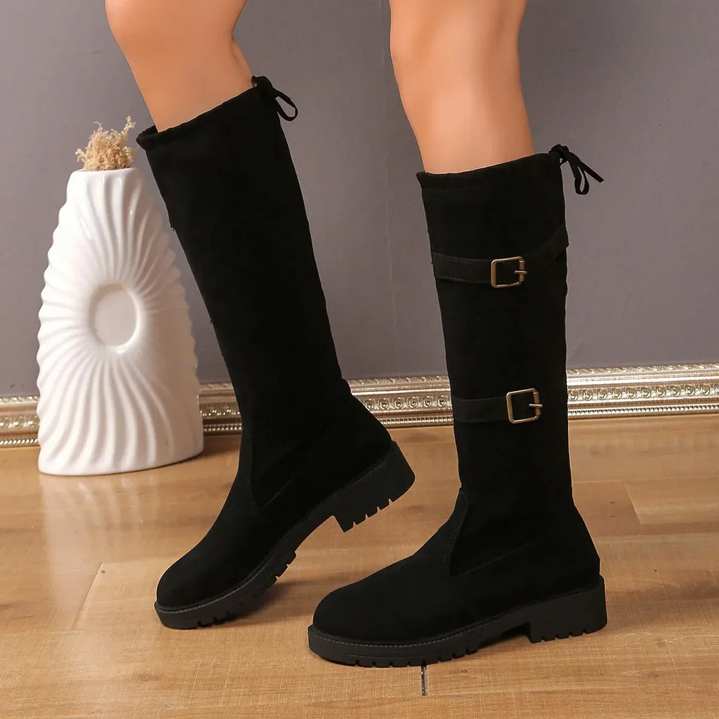 Women's Black Suede Knee-High Boots with Buckle Straps - Stylish & Comfortable — Image 3