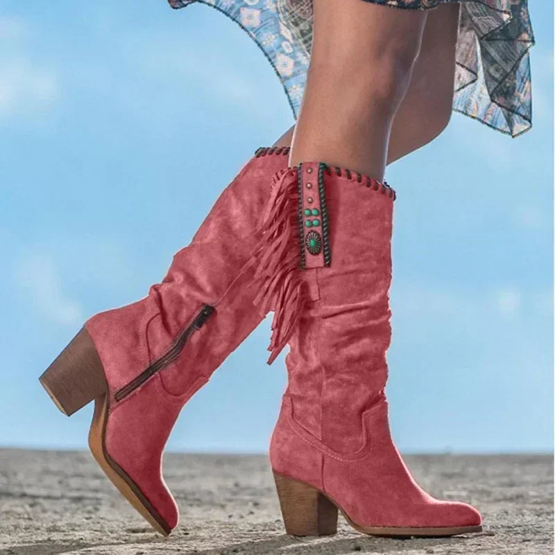Women's Fringe Suede Knee-High Boots Western Style Zipper Closure Multiple Colors — Image 4