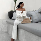 Chic Off-Shoulder Maxi Dress Women Elegant Long Sleeve Evening Gown White Sequin — Image 5