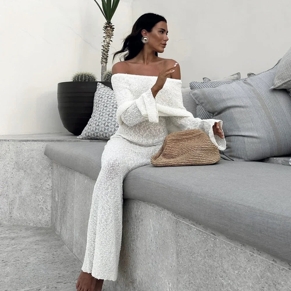 Chic Off-Shoulder Maxi Dress Women Elegant Long Sleeve Evening Gown White Sequin — Image 5