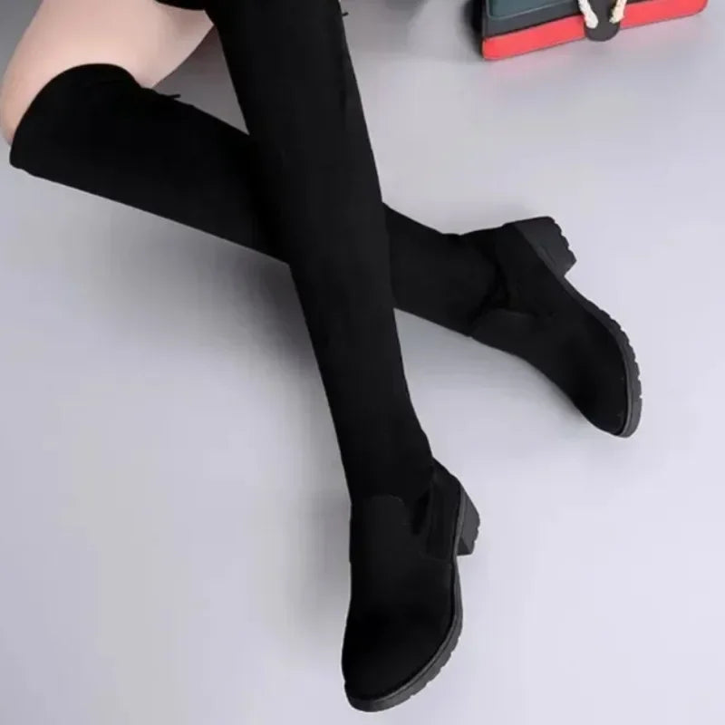 Women's Black Over-the-Knee Suede Boots with Block Heel and Tie Back — Image 8