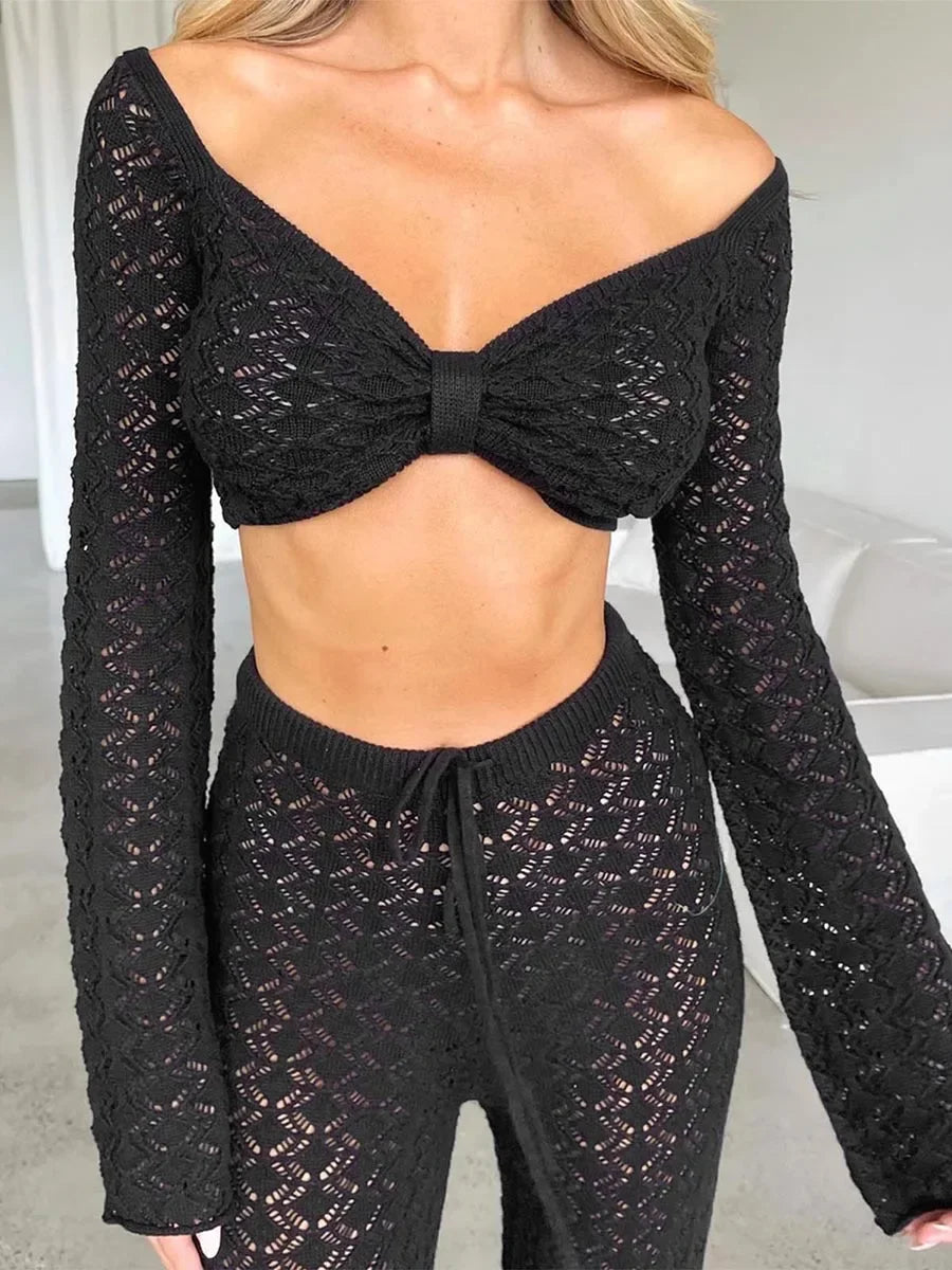Elegant Crochet Knit Two-Piece Set Off-Shoulder Top & Flared Pants White/Black — Image 5