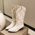 Women's Western Cowboy Boots White Leather Embroidered Knee-High Pointed Toe — Image 2