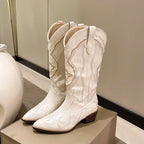 Women's Western Cowboy Boots White Leather Embroidered Knee-High Pointed Toe — Image 2