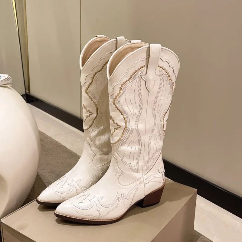 Women's Western Cowboy Boots White Leather Embroidered Knee-High Pointed Toe — Image 2