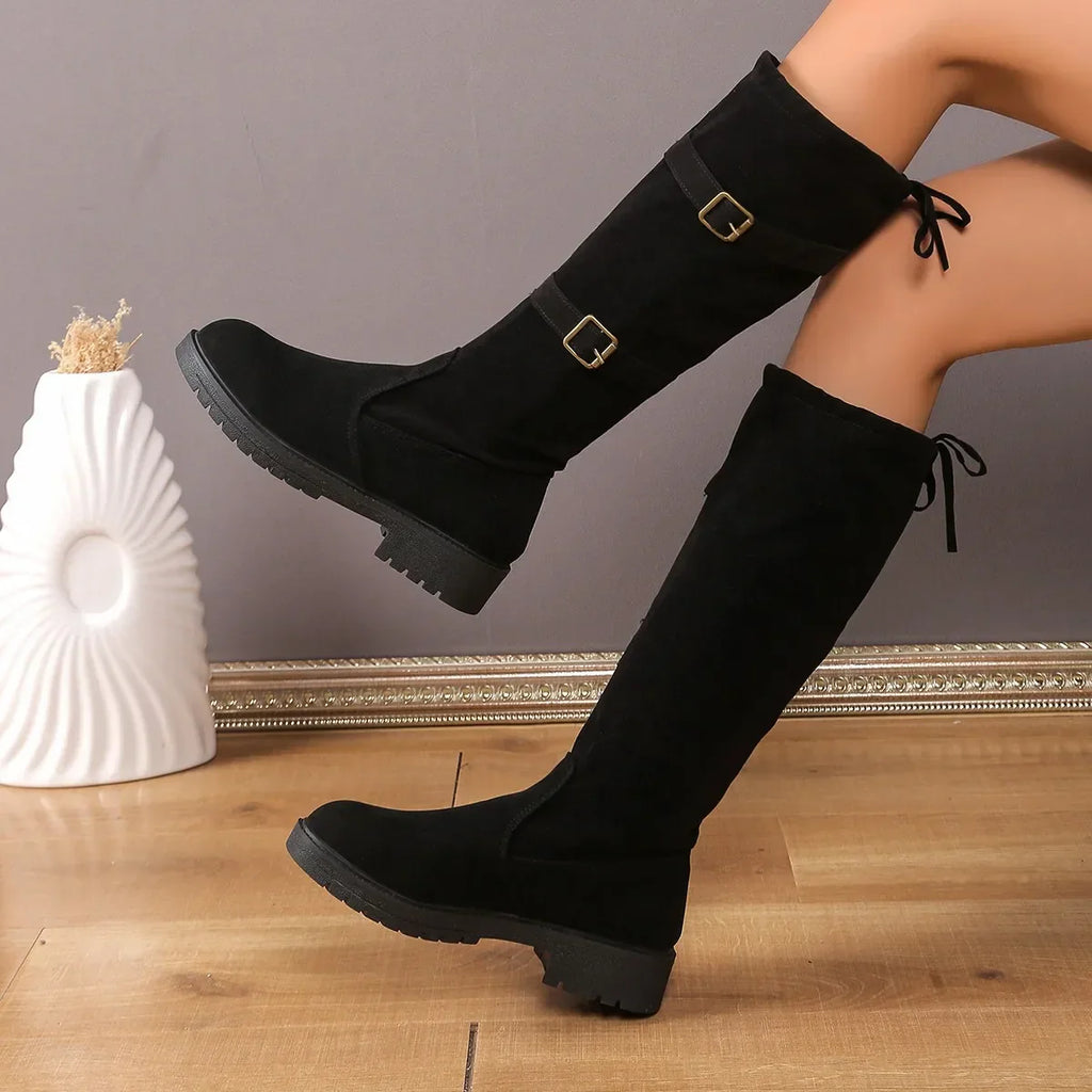 Women's Black Suede Knee-High Boots with Buckle Straps - Stylish & Comfortable — Image 4