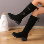 Women's Black Suede Knee-High Boots with Buckle Straps - Stylish & Comfortable — Image 4