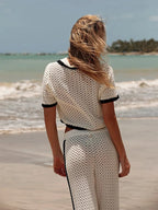 Chic Women's Mesh Knit Two-Piece Set White Black Trim Summer Outfit — Image 4