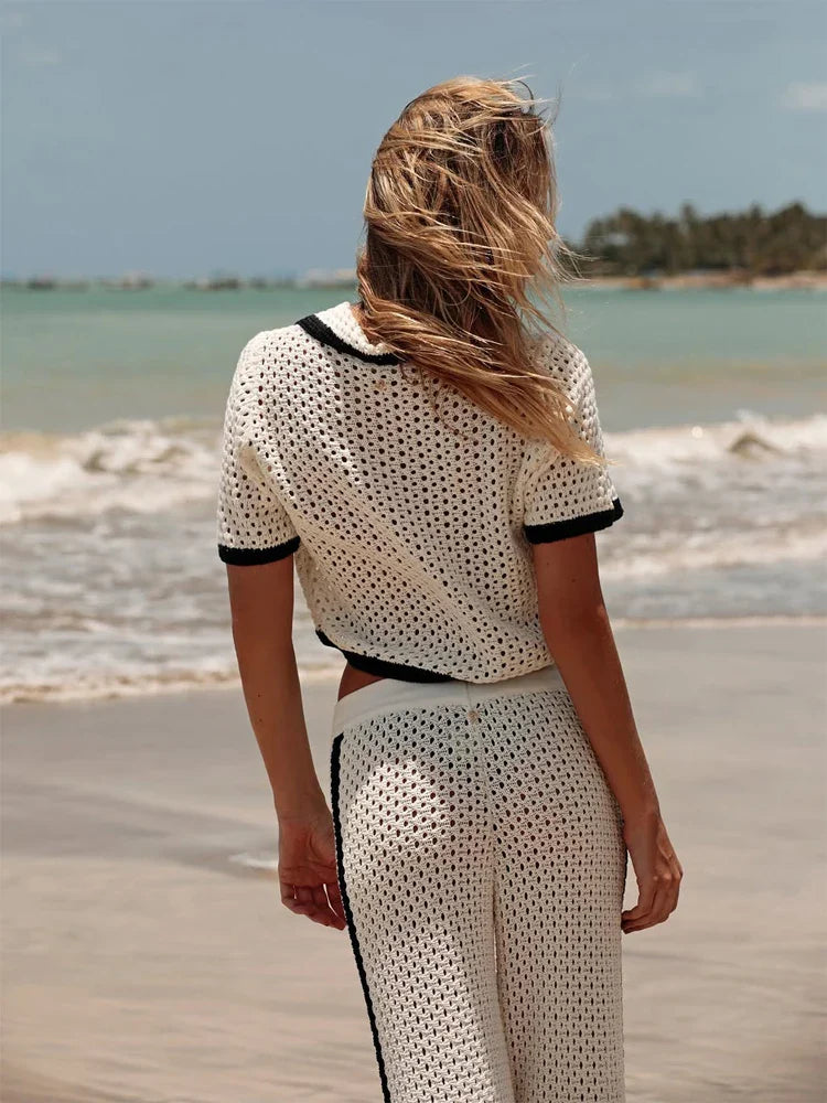 Chic Women's Mesh Knit Two-Piece Set White Black Trim Summer Outfit — Image 4