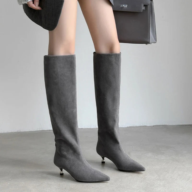 Elegant Women's Suede Knee-High Boots Kitten Heel Grey Black Brown — Main Image