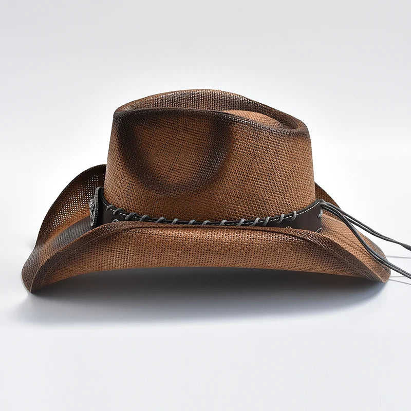 Western Cowboy Hat Brown Straw Decorative Band Unisex Adult 56-58cm — Image 3