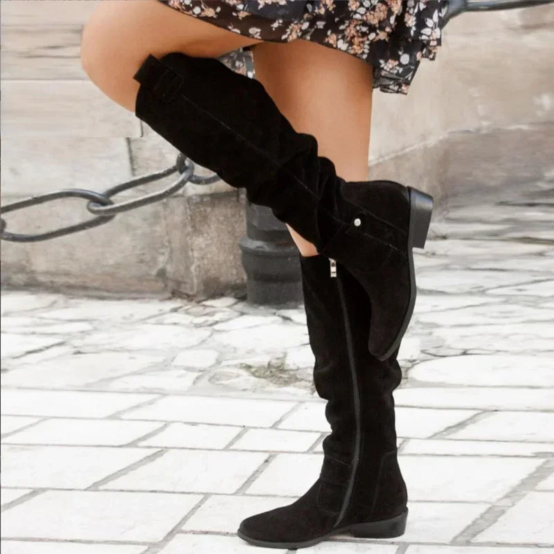 Women's Suede Knee-High Boots Low Heel Zipper Closure Beige Black — Image 3
