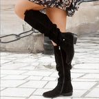 Women's Suede Knee-High Boots Low Heel Zipper Closure Beige Black — Image 3