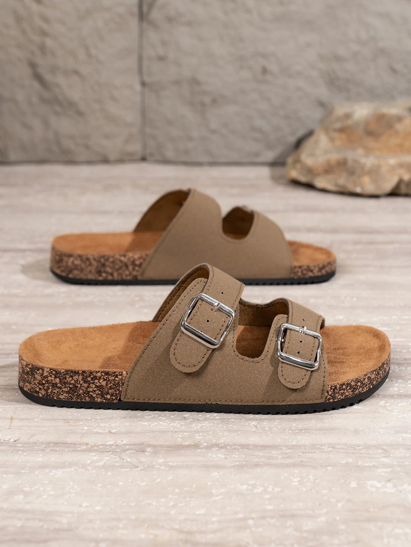 Men's Double Buckle Cork Sandals Brown Faux Leather Slip-On Adjustable Straps — Image 5