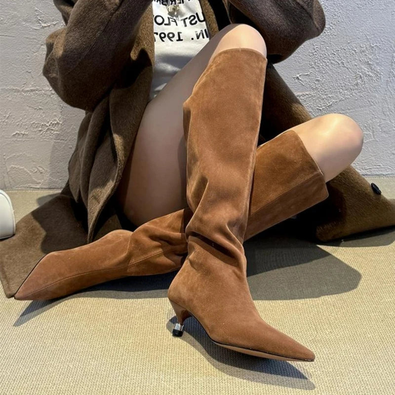 Elegant Women's Suede Knee-High Boots Kitten Heel Grey Black Brown — Image 5