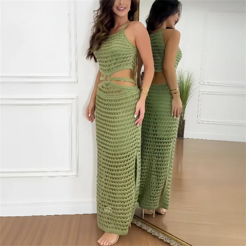 Elegant Crochet Maxi Dress Women Sleeveless Cut-Out Detail White Green Beige — Image 3