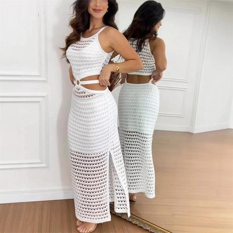 Elegant Crochet Maxi Dress Women Sleeveless Cut-Out Detail White Green Beige — Main Image