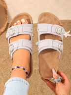 Women's Suede Double Buckle Sandals Comfortable Slip-On Cork Sole Beige Black Gray — Image 6