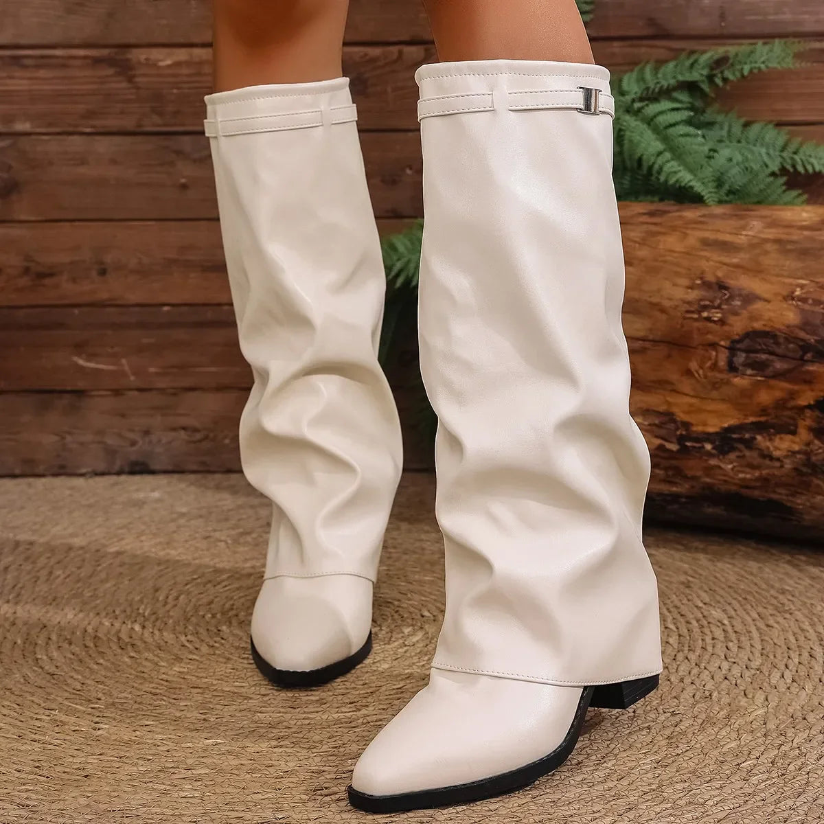 Stylish Women's Knee-High Faux Leather Boots Black White Comfortable Fashion Footwear — Image 5