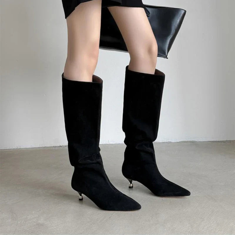 Elegant Women's Suede Knee-High Boots Kitten Heel Grey Black Brown — Image 4