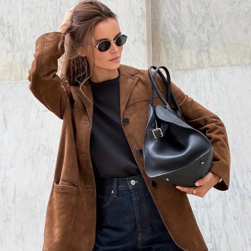 Women's Suede Blazer Jacket Brown Tailored Fit Elegant Design — Image 2