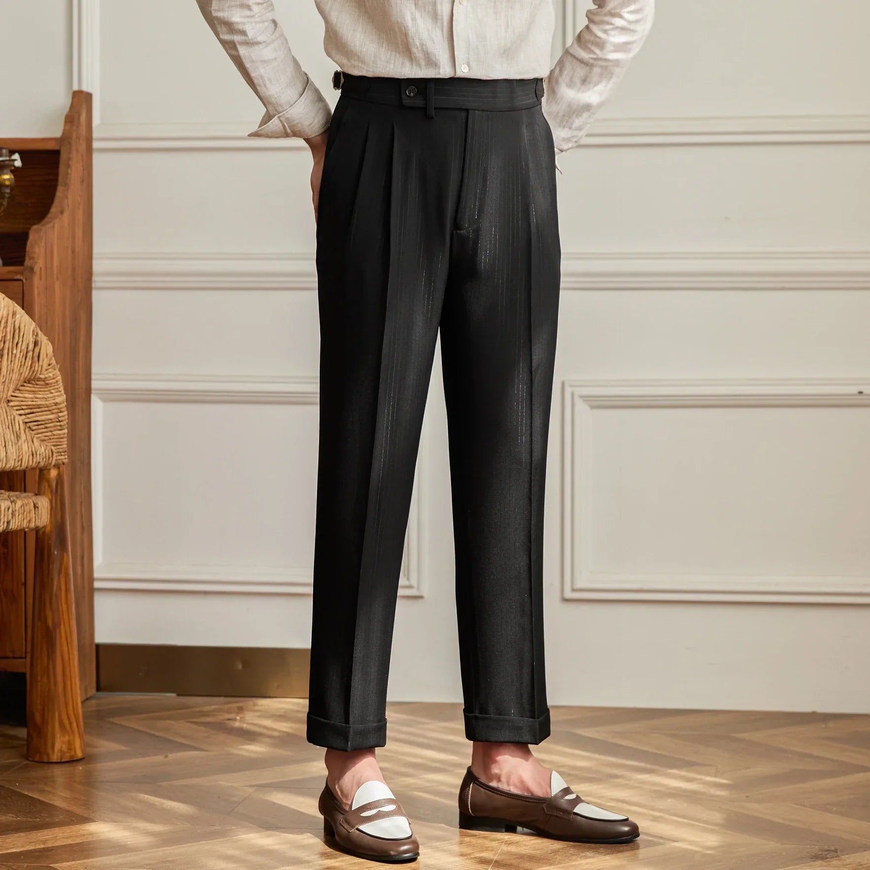 Brand Men's Wool Pleated Trousers Tailored Fit Adjustable Waistband Black — Image 7