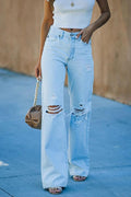 Trendy Light Blue Distressed Wide-Leg Jeans for Women - Denim, Casual, Comfortable — Main Image