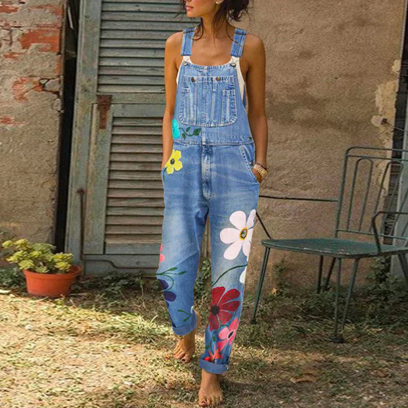 Women's Floral Denim Overalls Casual Loose Fit Adjustable Strap Jumpsuit Multicolor — Image 2