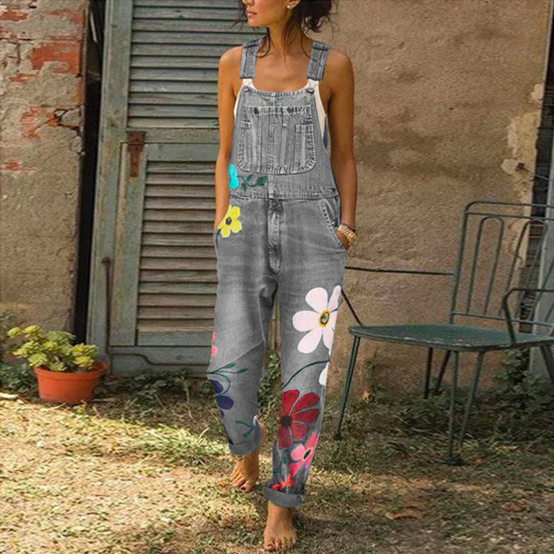 Women's Floral Denim Overalls Casual Loose Fit Adjustable Strap Jumpsuit Multicolor — Image 3