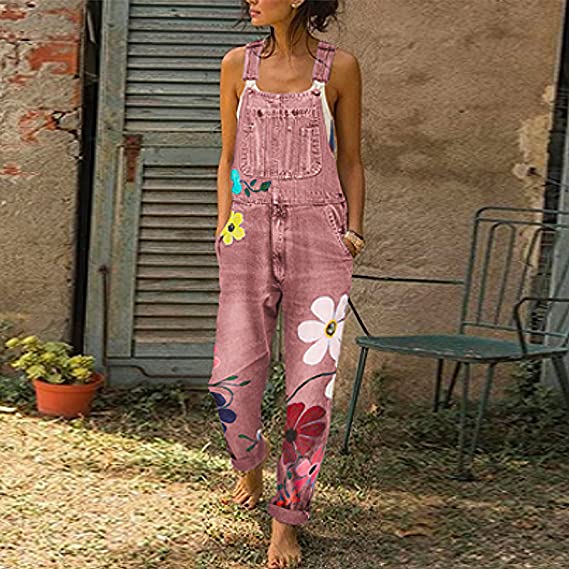 Women's Floral Denim Overalls Casual Loose Fit Adjustable Strap Jumpsuit Multicolor — Image 4
