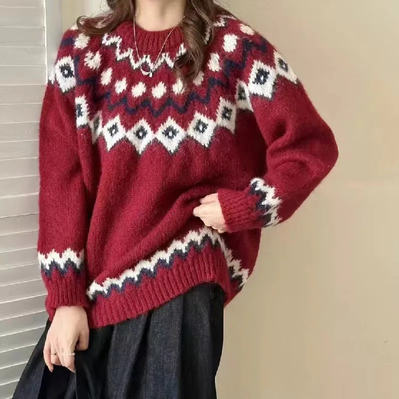 Women's Nordic Knit Sweater Geometric Pattern Warm Winter Pullover — Image 2