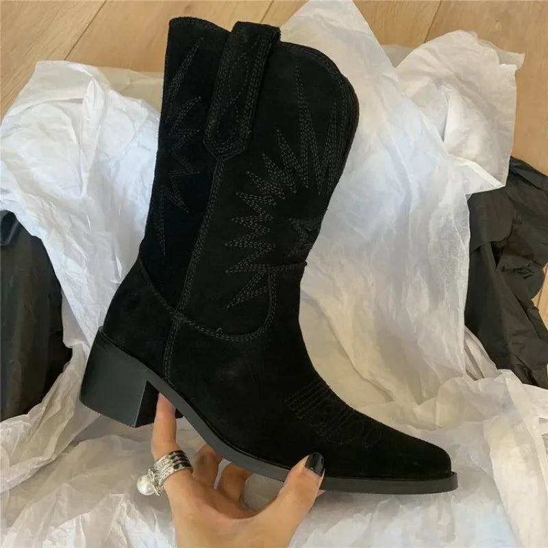 Women's Western Suede Cowboy Boots Brown Black Embroidered Mid-Calf Heel — Image 5