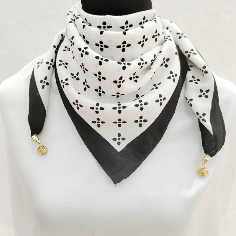 Chic Floral Pattern Scarf Silk Blend Black White Tassels Women Fashion Accessory — Image 5