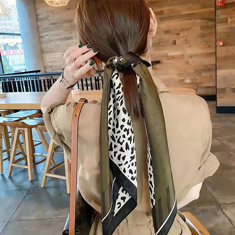 Luxury Silk Scarf Leopard Print Olive Brown Square 90x90cm Women's Fashion Accessory — Image 2