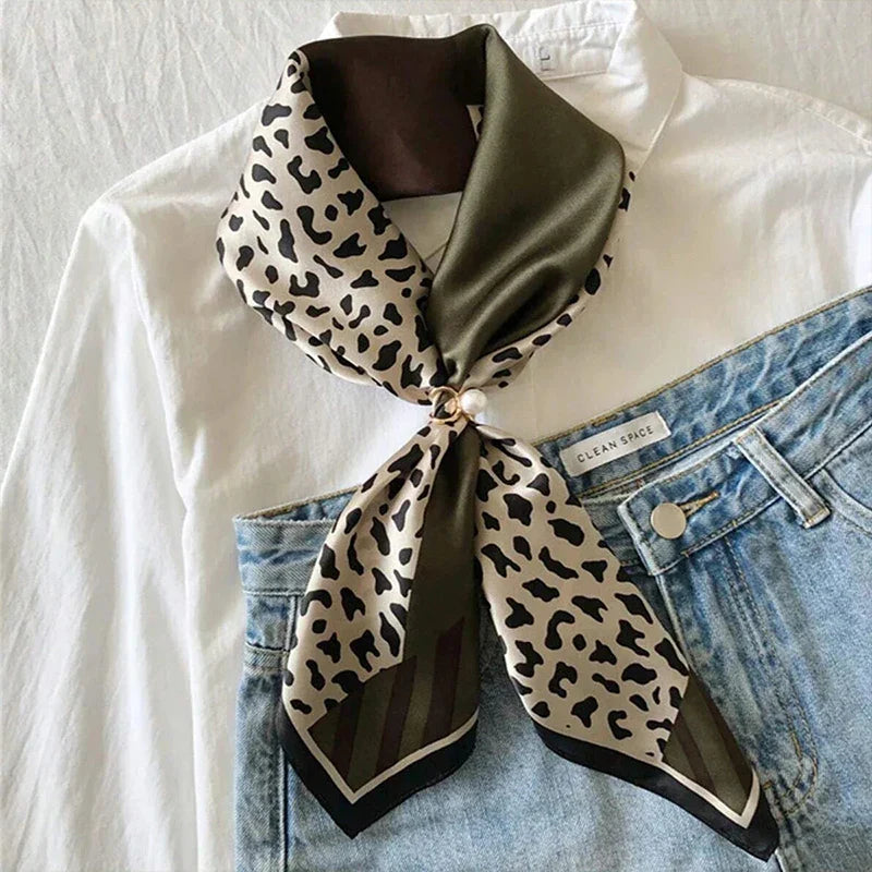 Luxury Silk Scarf Leopard Print Olive Brown Square 90x90cm Women's Fashion Accessory — Image 3