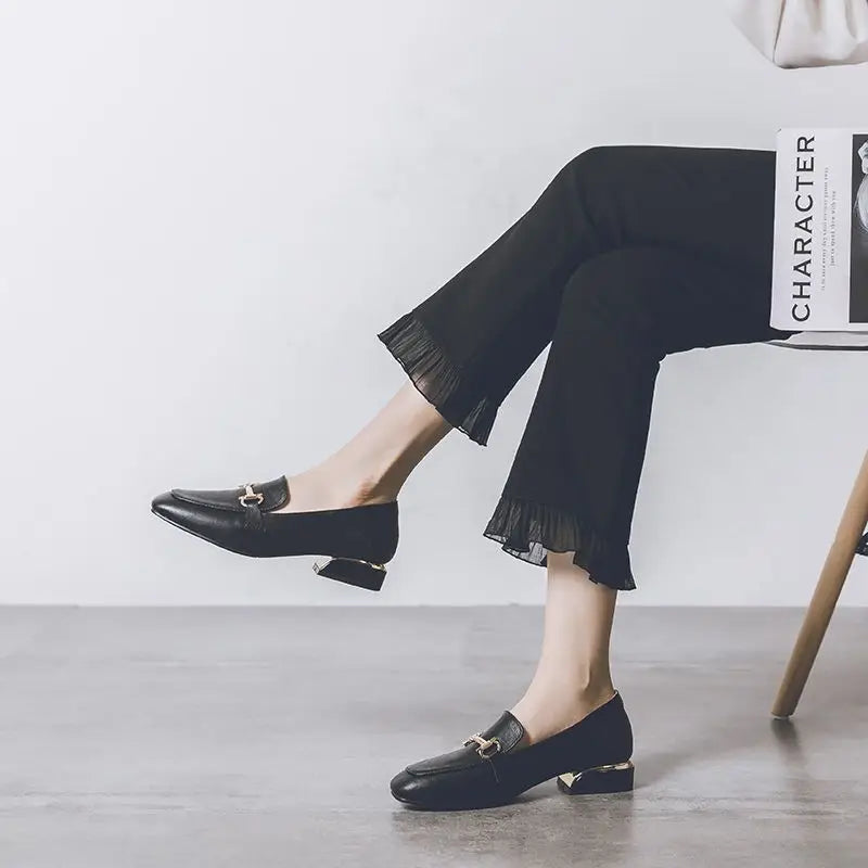 Elegant Women's Loafers Leather Gold Buckle Black Beige Comfortable Slip-On Shoes — Image 4