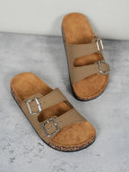 Women's Double Buckle Slip-On Sandals Tan Faux Leather Cork Sole — Image 2