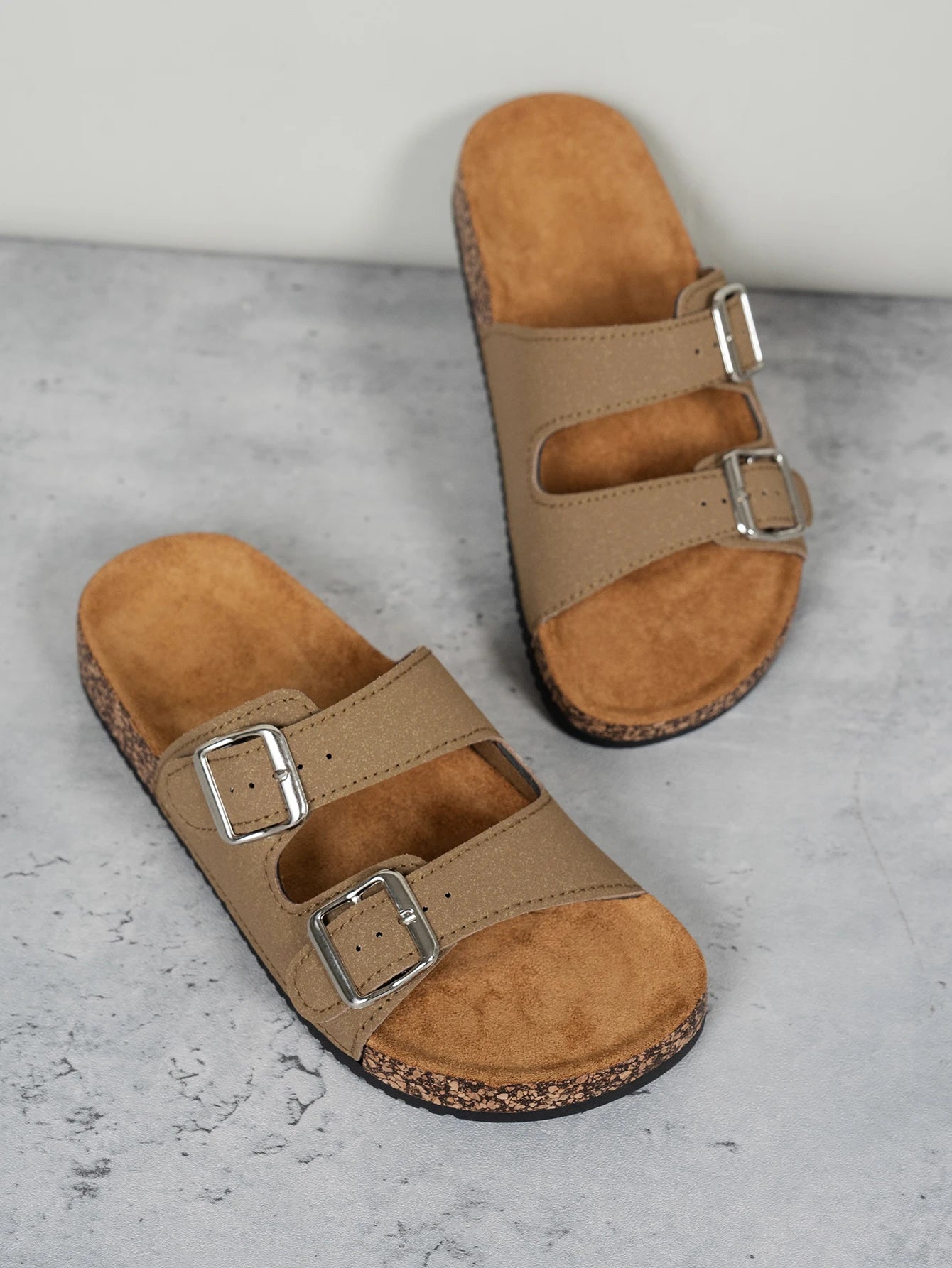 Women's Double Buckle Slip-On Sandals Tan Faux Leather Cork Sole — Image 2