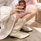Women's Western Cowboy Boots White Leather Embroidered Knee-High Pointed Toe — Image 4