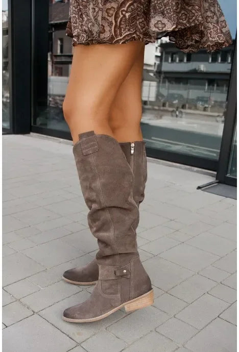 Women's Suede Knee-High Boots with Zipper Closure in Beige, Black, Brown — Image 5