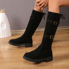 Women's Black Suede Knee-High Boots with Buckle Straps - Stylish & Comfortable — Image 2