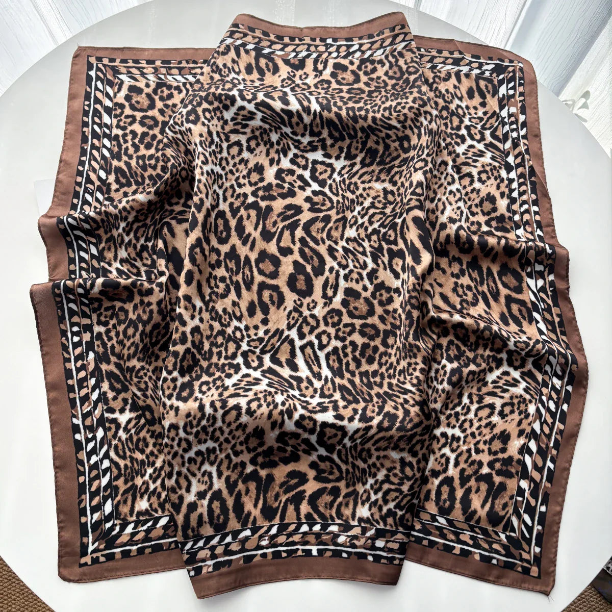Luxury Leopard Print Satin Silk Scarf Wrap Unisex Fashion Accessory Brown Black — Image 2