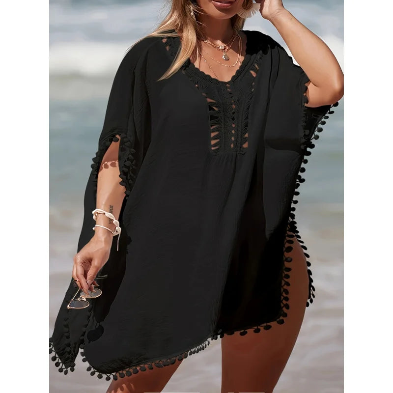 Elegant Women's Beach Cover-Up Black Cotton Pom Pom Trim One Size Summer Swimwear — Main Image